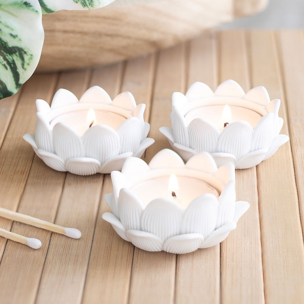 Something Different - Set of 3 White Lotus Flower Theelichthouder - Wit